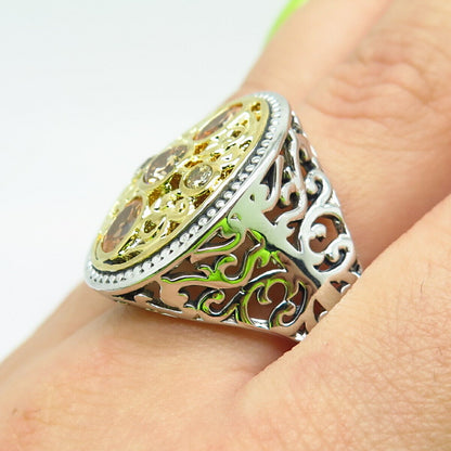 925 Sterling Silver 2-Tone C Z Ornate Ring Size 9.5