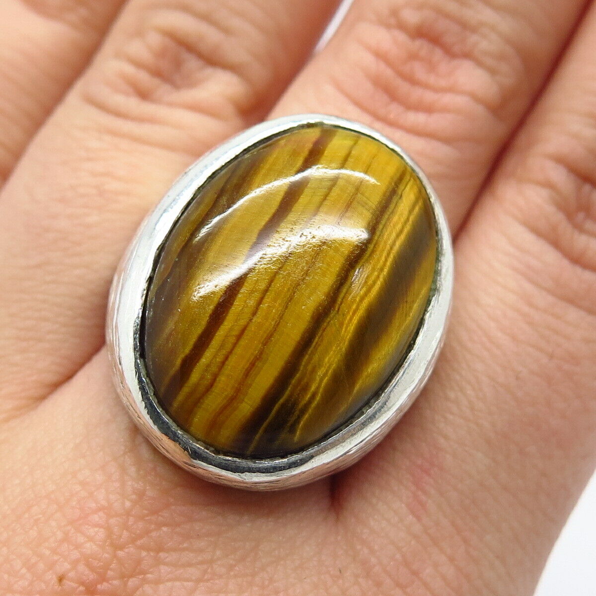 925 Sterling Silver Vintage Real Tiger Eye Gemstone Ring Size 9.75