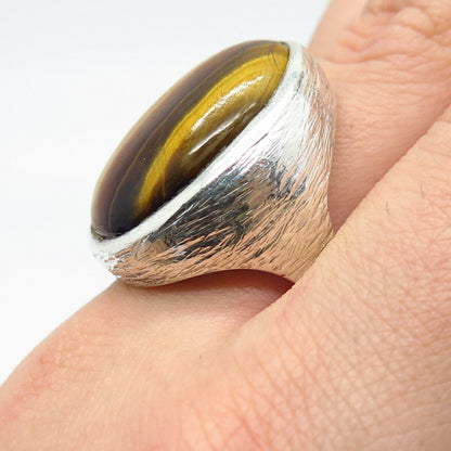 925 Sterling Silver Vintage Real Tiger Eye Gemstone Ring Size 9.75