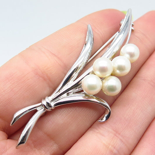 925 Sterling Silver Vintage Real Pearl Leaf Pin Brooch