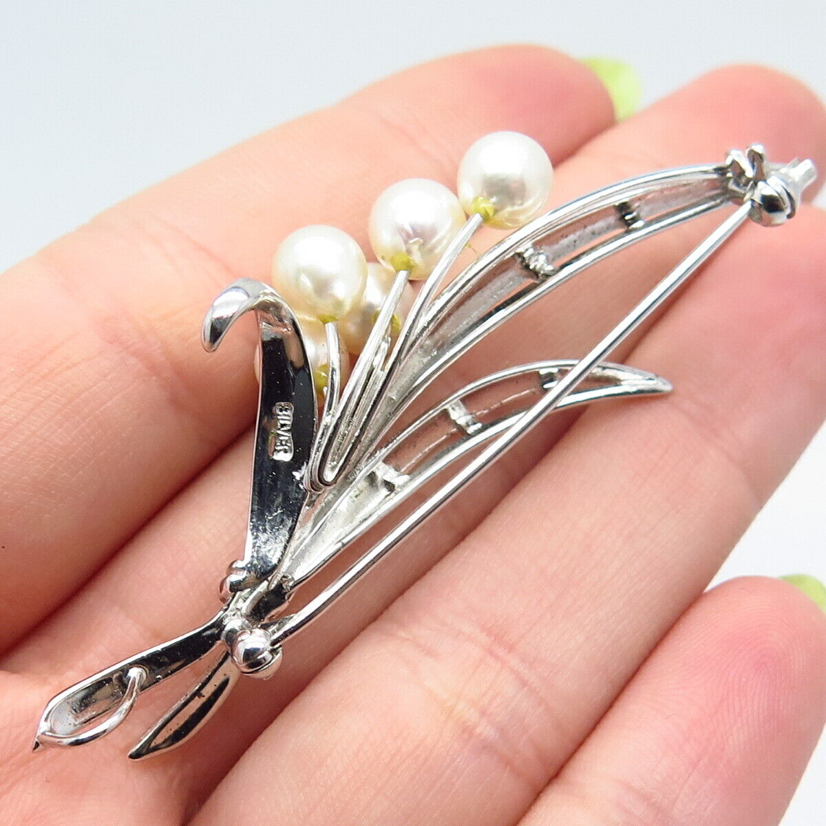 925 Sterling Silver Vintage Real Pearl Leaf Pin Brooch