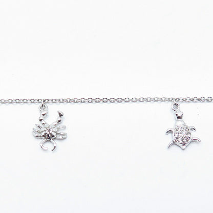 925 Sterling Silver Assorted Charm Rolo Link Anklet 9.75"