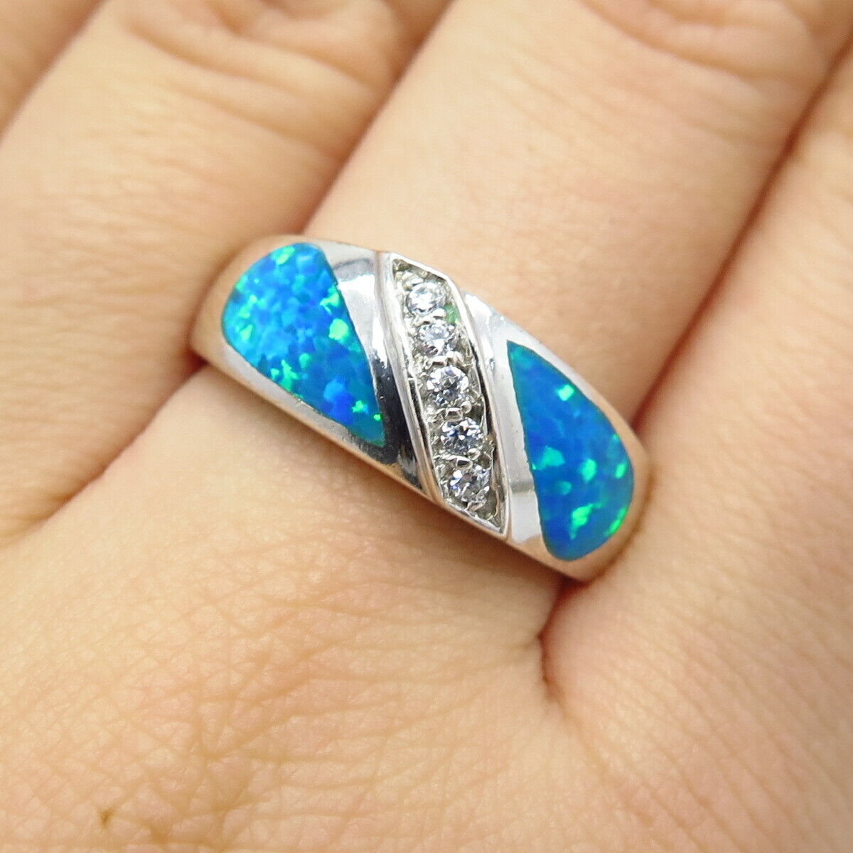 925 Sterling Silver Lab-Created Opal & C Z Ring Size 8