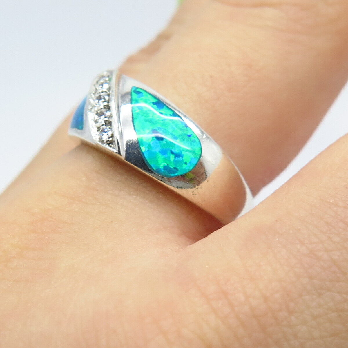 925 Sterling Silver Lab-Created Opal & C Z Ring Size 8