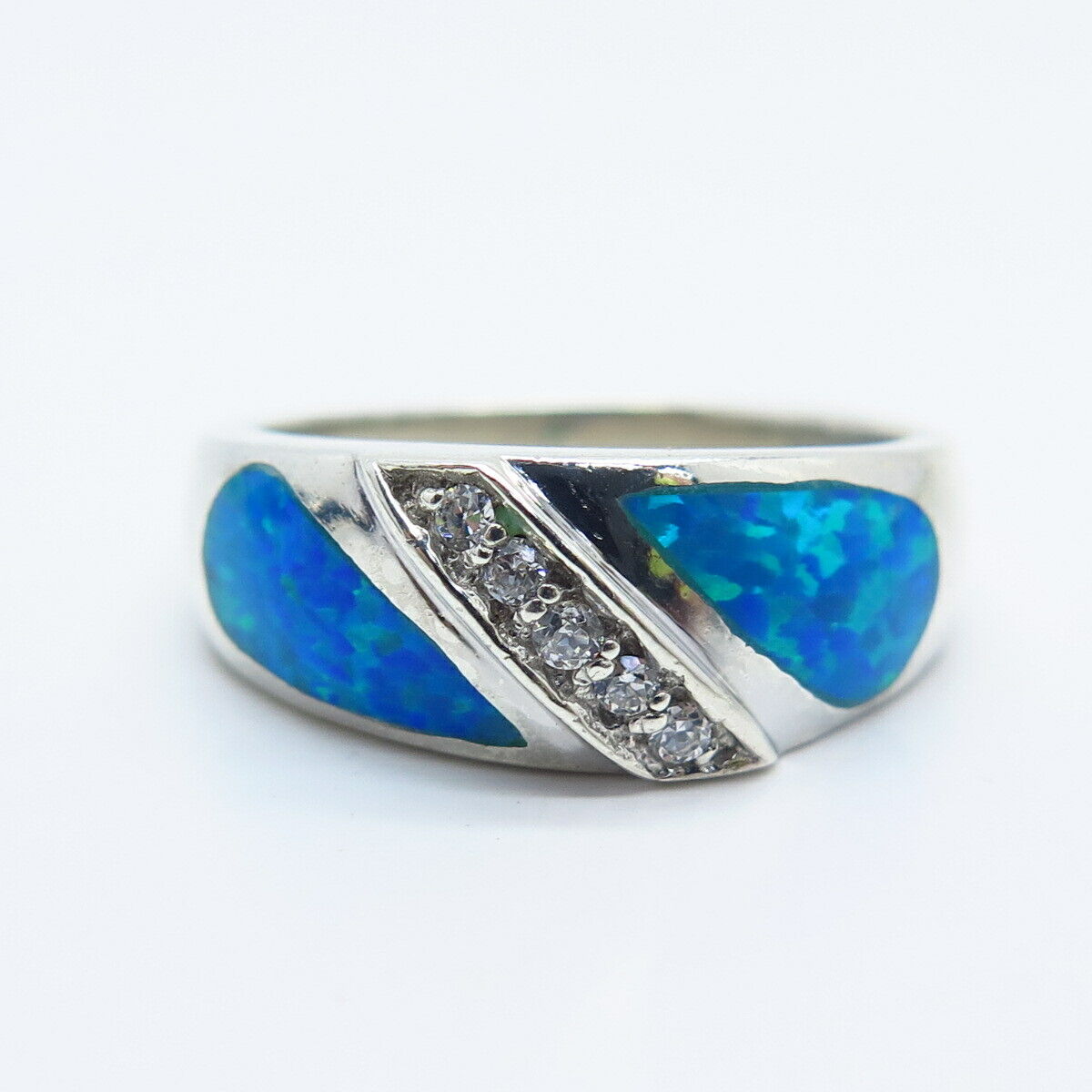 925 Sterling Silver Lab-Created Opal & C Z Ring Size 8