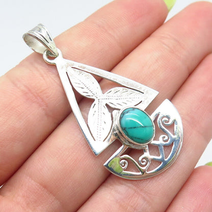 925 Sterling Silver Vintage Real Turquoise Gemstone Leaf Pendant