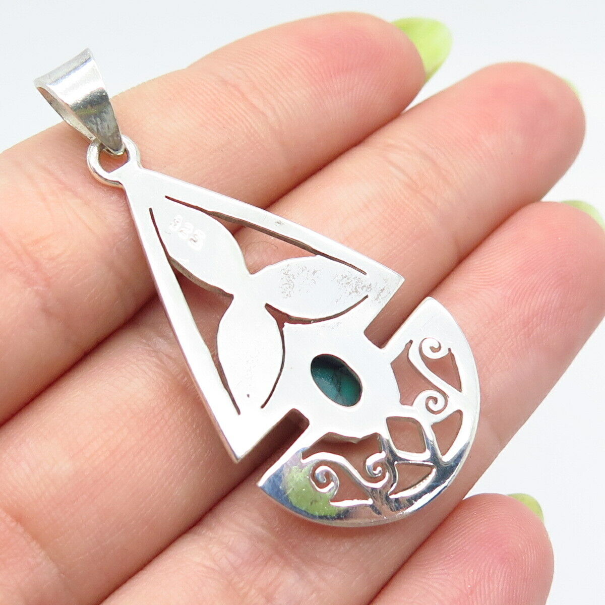 925 Sterling Silver Vintage Real Turquoise Gemstone Leaf Pendant