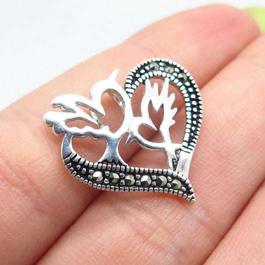 925 Sterling Silver Vintage Real Marcasite Gemstone Birds Heart Slide Pendant