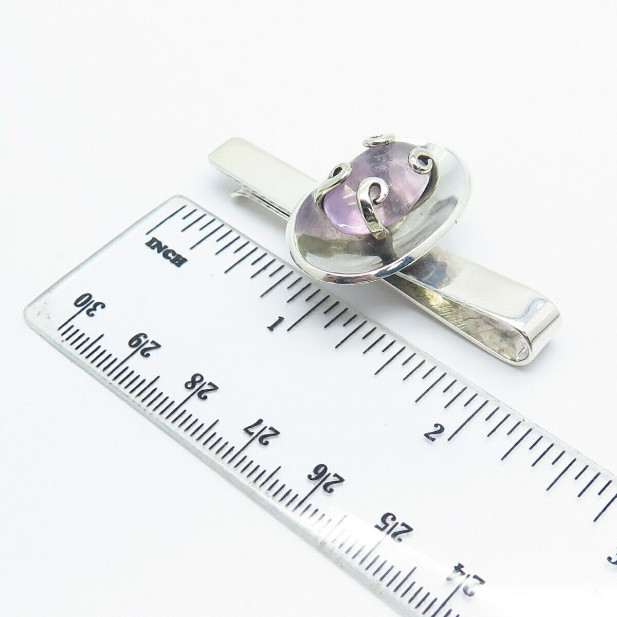 925 Sterling Silver Vintage Mexico Taxco Real Amethyst Gemstone Tie Clip