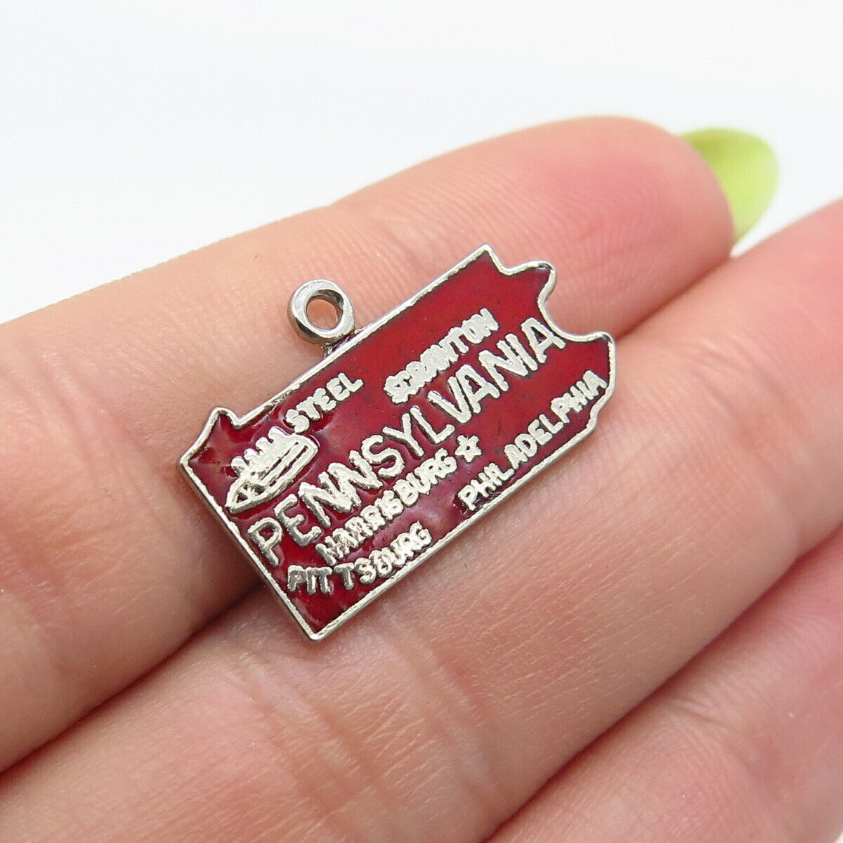 925 Sterling Silver Vintage Red Enamel "Pennsylvania" State Map Charm Pendant