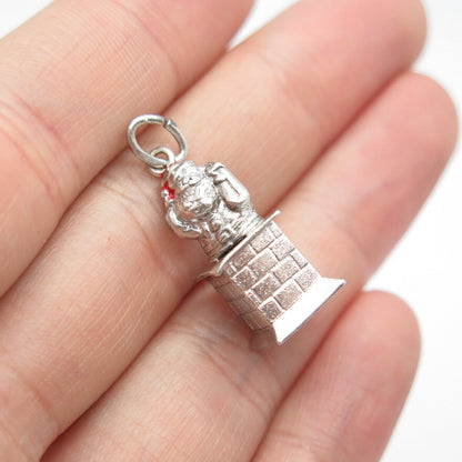 925 Sterling Silver Vintage Santa Claus w/ Gift Bag in Chimney Pendant