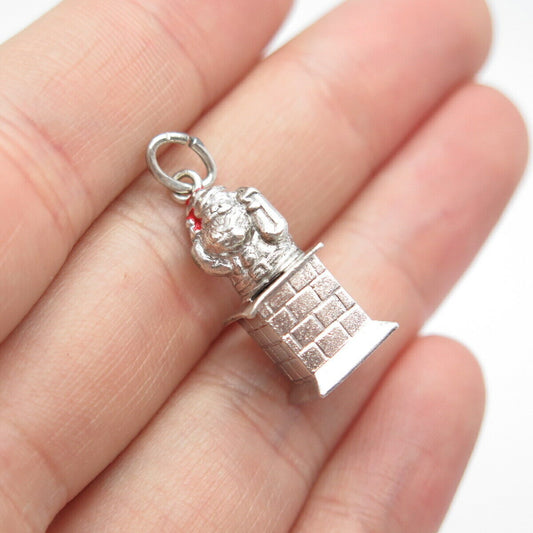 925 Sterling Silver Vintage Santa Claus w/ Gift Bag in Chimney Pendant