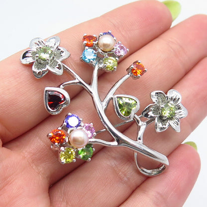 925 Sterling Silver Real Red Garnet Peridot Gem & Real Pearl C Z Floral Brooch