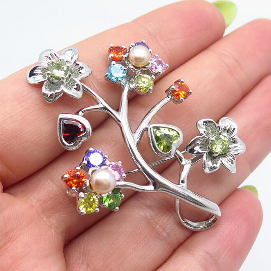 925 Sterling Silver Real Red Garnet Peridot Gem & Real Pearl C Z Floral Brooch