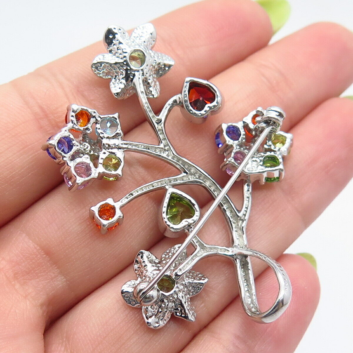 925 Sterling Silver Real Red Garnet Peridot Gem & Real Pearl C Z Floral Brooch