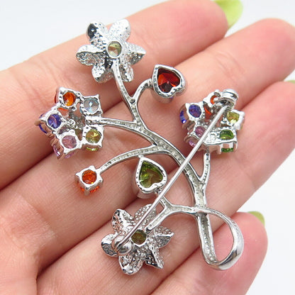 925 Sterling Silver Real Red Garnet Peridot Gem & Real Pearl C Z Floral Brooch