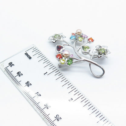 925 Sterling Silver Real Red Garnet Peridot Gem & Real Pearl C Z Floral Brooch