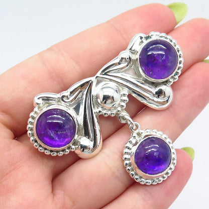 925 Sterling Silver Vintage Mexico Real Amethyst Gemstone Ornate Pin Brooch