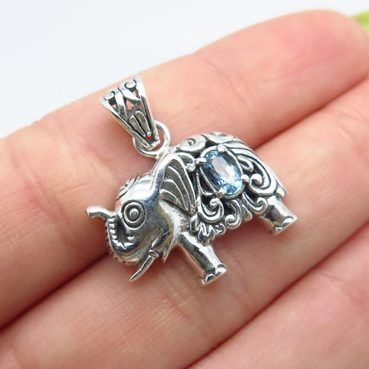 925 Sterling Silver Vintage Blue Topaz Gem Elephant For Good Luck Pendant