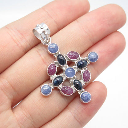 925 Sterling Silver Vintage Real Tanzanite & Pink Blue Sapphire Gem Pendant