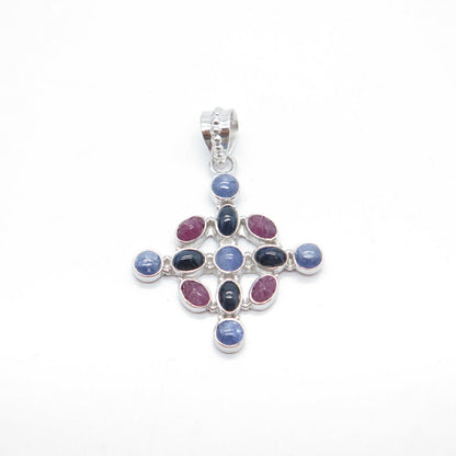 925 Sterling Silver Vintage Real Tanzanite & Pink Blue Sapphire Gem Pendant