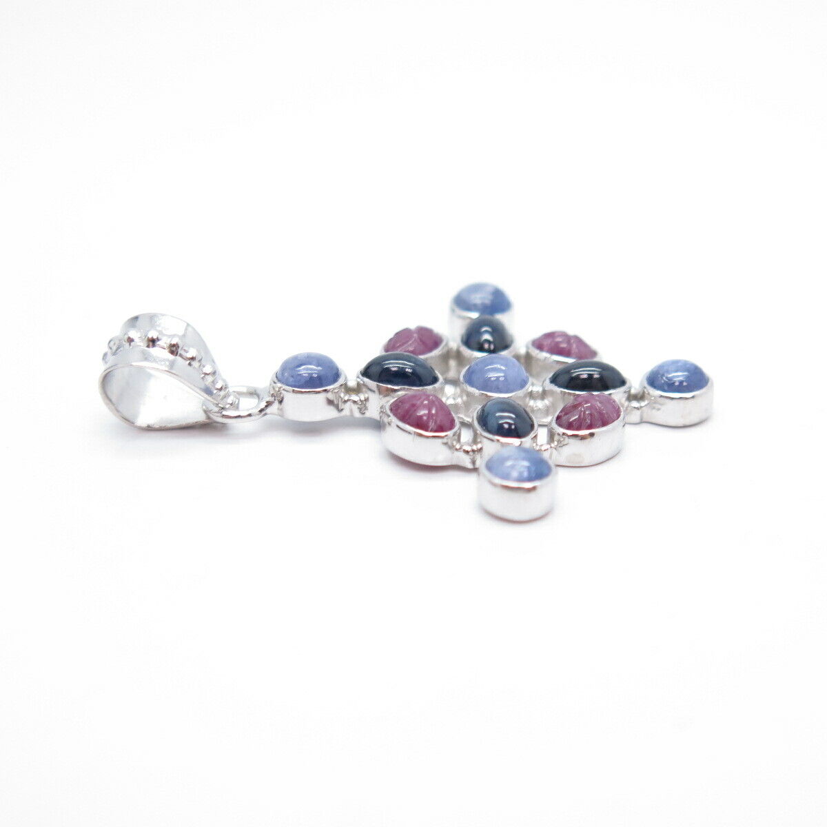 925 Sterling Silver Vintage Real Tanzanite & Pink Blue Sapphire Gem Pendant