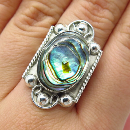 925 Sterling Silver Vintage Real Abalone Shell Statement Ring Size 7.25