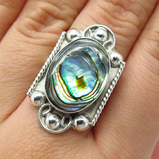 925 Sterling Silver Vintage Real Abalone Shell Statement Ring Size 7.25