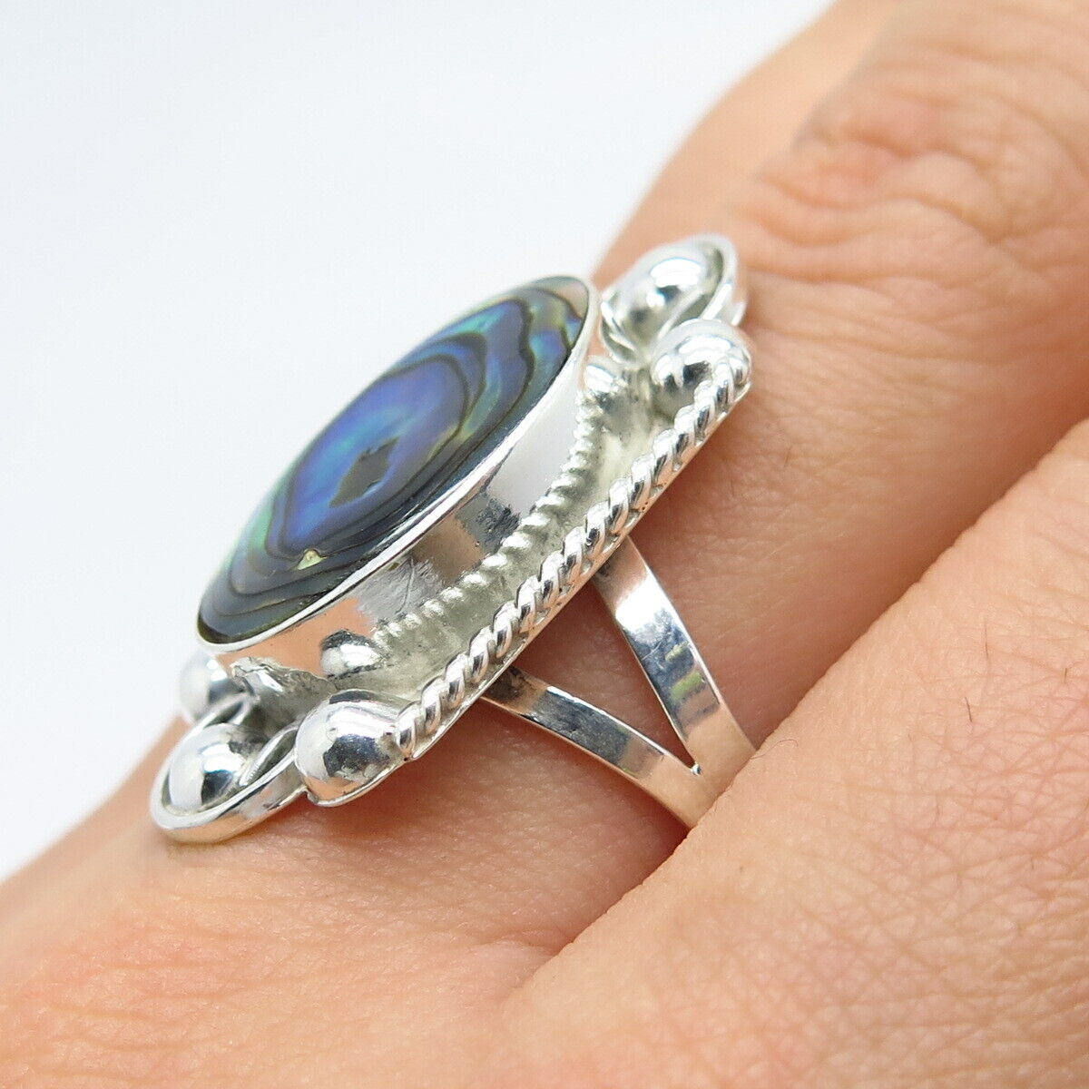 925 Sterling Silver Vintage Real Abalone Shell Statement Ring Size 7.25