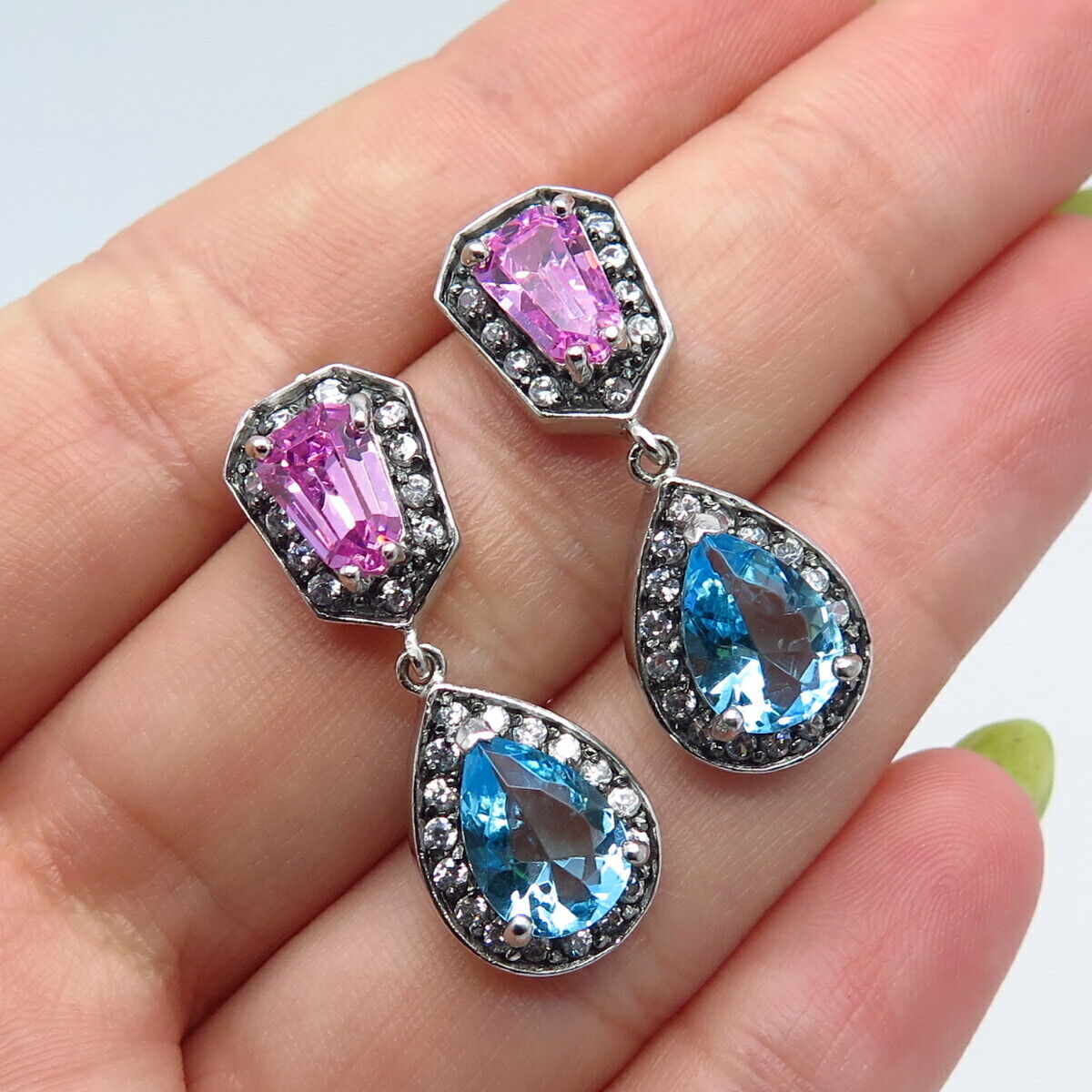 925 Sterling Silver Multi-Color C Z Dangling Earrings