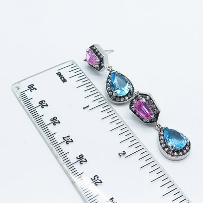 925 Sterling Silver Multi-Color C Z Dangling Earrings