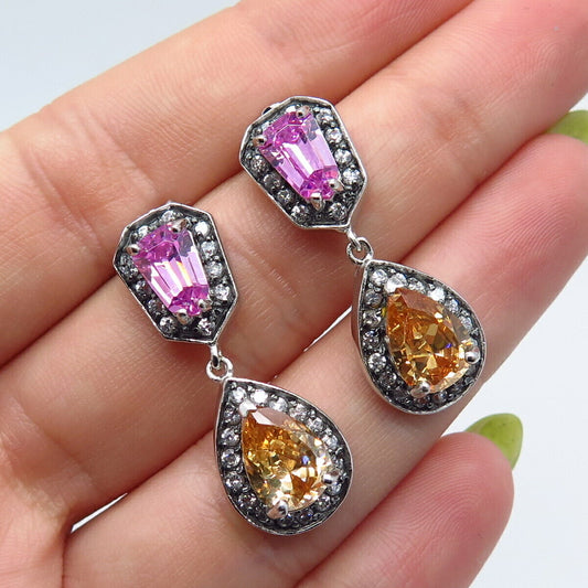 925 Sterling Silver Multi-Color C Z Dangling Earrings