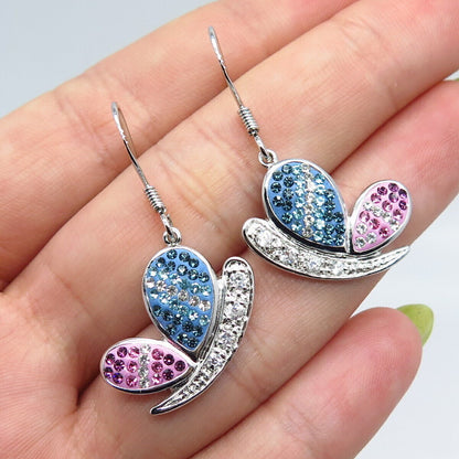 925 Sterling Silver Multi-Color C Z Butterfly Dangling Earrings