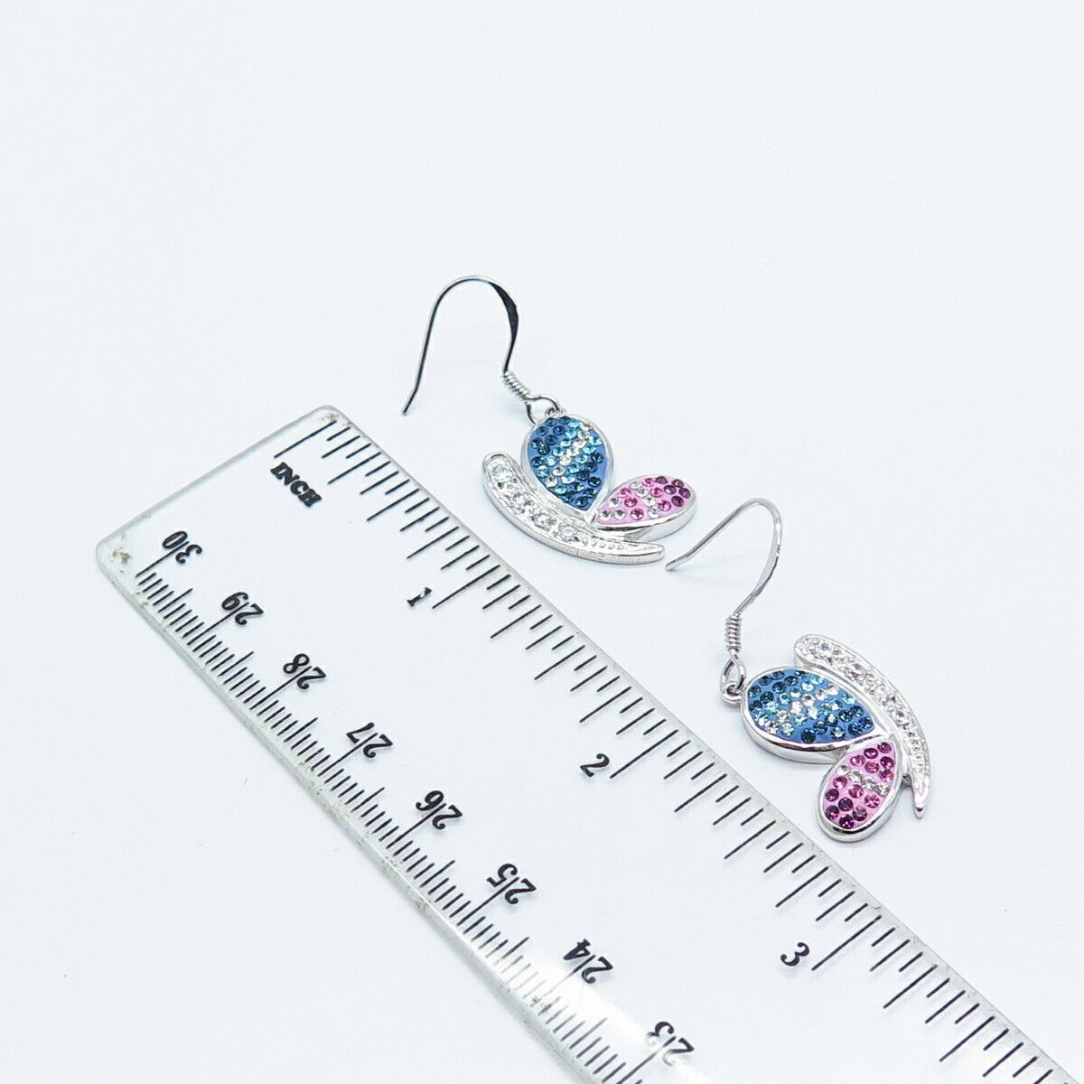 925 Sterling Silver Multi-Color C Z Butterfly Dangling Earrings