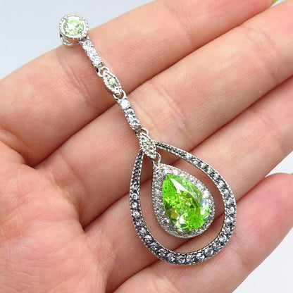 925 Sterling Silver White & Peridot-Tone C Z Teardrop Dangling Drop Pendant