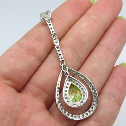 925 Sterling Silver White & Peridot-Tone C Z Teardrop Dangling Drop Pendant