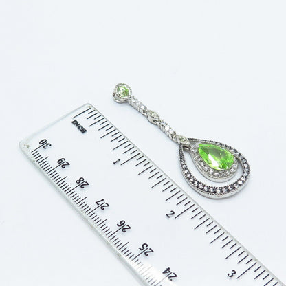 925 Sterling Silver White & Peridot-Tone C Z Teardrop Dangling Drop Pendant