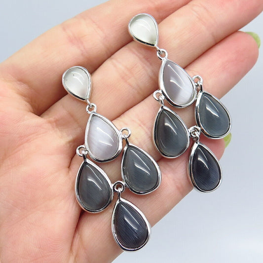 925 Sterling Silver Fiber Optic Cat's Eye Gem Teardrop Chandelier Earrings