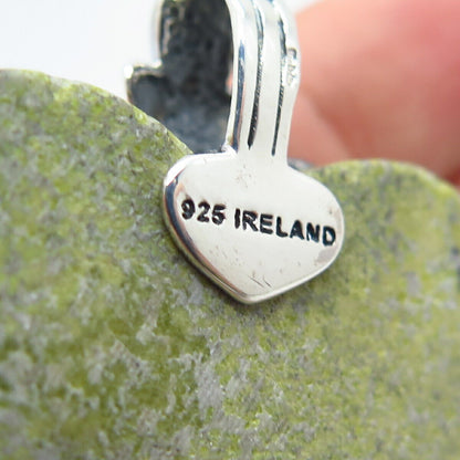 925 Sterling Silver Vintage Ireland Connemara Marble Heart Shamrock Pendant