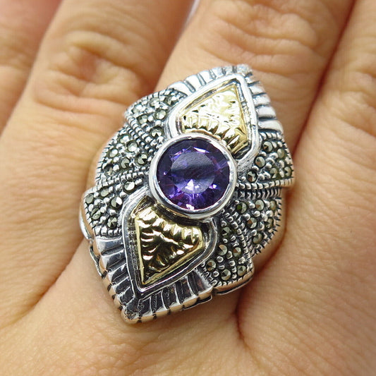 925 Sterling Silver 2-Tone Vintage Real Amethyst & Marcasite Gem Ring Size 7.75