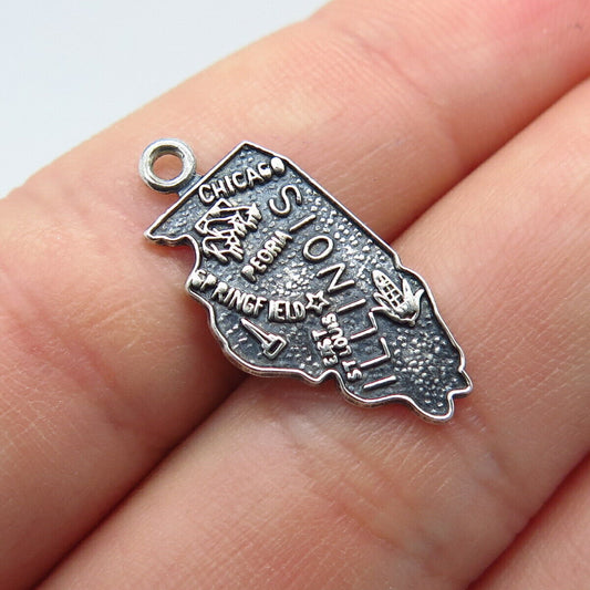 925 Sterling Silver Vintage "Illinois" State Map Charm Pendant