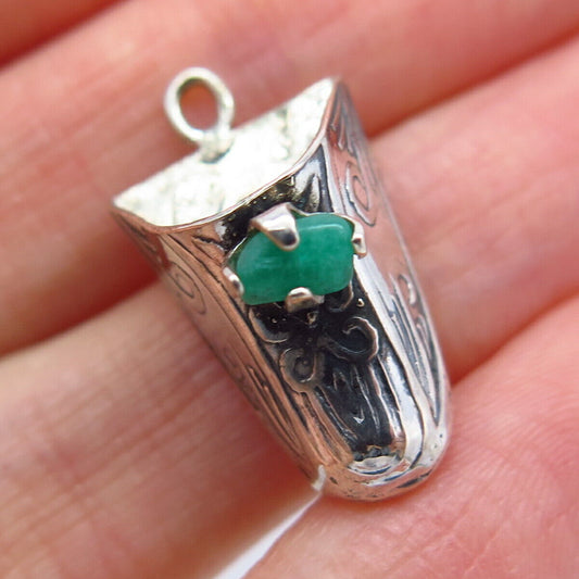 900 Silver Vintage Real Emerald Gemstone Ornate Pendant