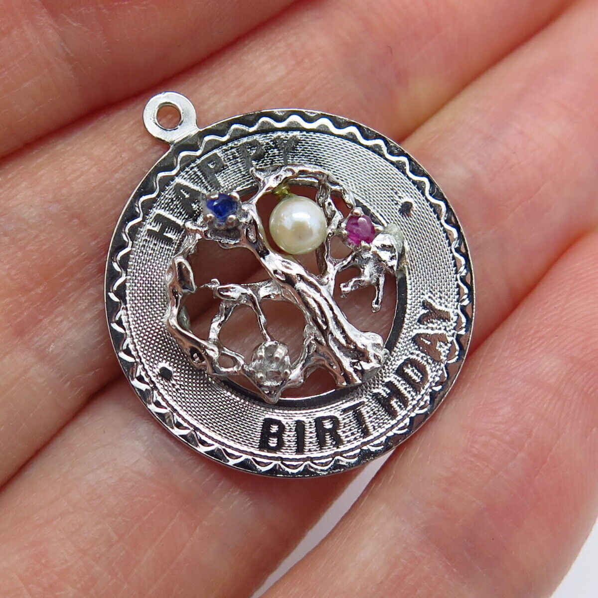 925 Sterling Silver Vintage Pearl Sapphire & Ruby Gem "Happy Birthday" Pendant