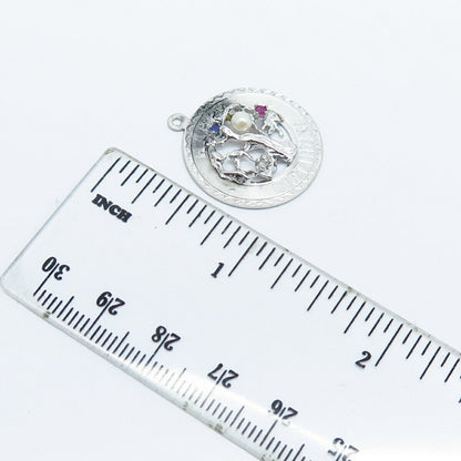 925 Sterling Silver Vintage Pearl Sapphire & Ruby Gem "Happy Birthday" Pendant