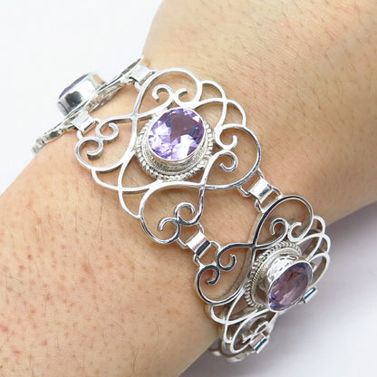 925 Sterling Silver Vintage Real Amethyst Gem Ornate Panel Link Bracelet 7.75"