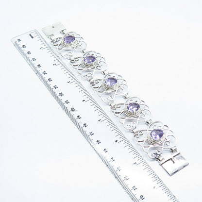 925 Sterling Silver Vintage Real Amethyst Gem Ornate Panel Link Bracelet 7.75"