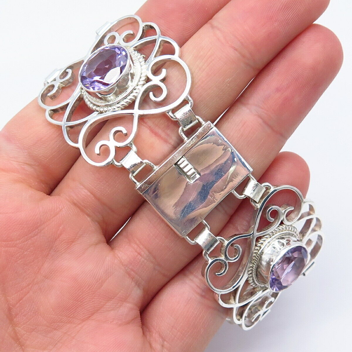 925 Sterling Silver Vintage Real Amethyst Gem Ornate Panel Link Bracelet 7.75"