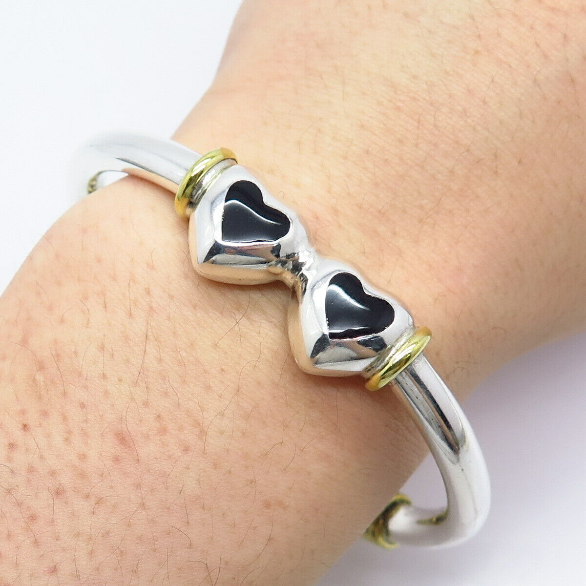 925 Sterling Silver 2-Tone Vintage Black Onyx Gemstone Heart Cuff Bracelet 7.5"