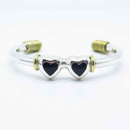 925 Sterling Silver 2-Tone Vintage Black Onyx Gemstone Heart Cuff Bracelet 7.5"