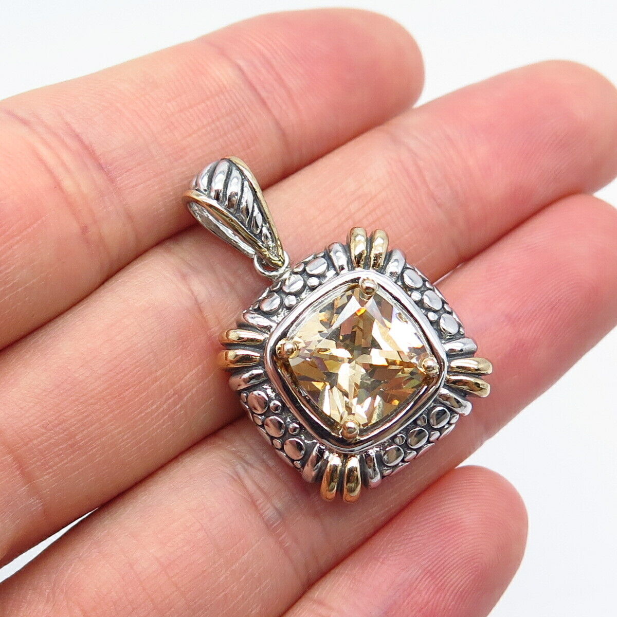 925 Sterling Silver 2-Tone Citrine-Tone C Z Ornate Pendant